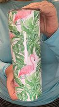 Load image into Gallery viewer, Pink Flamingo with green leaves skinny tumbler or skinny can or bottle koozie