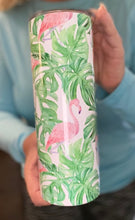 Load image into Gallery viewer, Pink Flamingo with green leaves skinny tumbler or skinny can or bottle koozie