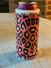 Load image into Gallery viewer, Distressed look Coral leopard print skinny can or bottle koozie or tumbler
