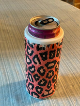 Load image into Gallery viewer, Distressed look Coral leopard print skinny can or bottle koozie or tumbler