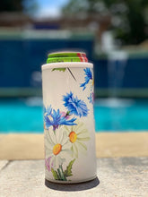 Load image into Gallery viewer, White Daisy with blue flowers skinny can or bottle koozie or tumbler