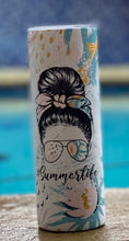 Load image into Gallery viewer, Summerlife Mombun with tropical leaves 20 oz skinny tumbler or koozie