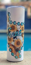 Load image into Gallery viewer, State of Texas with Teal beads & sunflowers 20 oz skinny tumbler or koozie