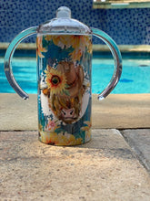 Load image into Gallery viewer, Highland Cow with Sunflowers & blue background 20 oz skinny tumbler or koozie or sippy cup