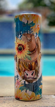 Load image into Gallery viewer, Highland Cow with Sunflowers & blue background 20 oz skinny tumbler or koozie or sippy cup