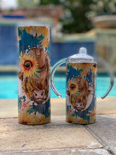 Load image into Gallery viewer, Highland Cow with Sunflowers & blue background 20 oz skinny tumbler or koozie or sippy cup