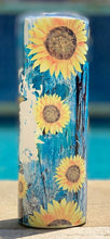 Load image into Gallery viewer, Mom Life with Sunflowers & Blue background mombun 20 oz skinny tumbler or koozie