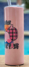 Load image into Gallery viewer, In October we wear Pink tumbler with pumpkins on pinks circle background