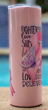 Load image into Gallery viewer, Courage fighter survivor believe breast cancer awareness tumbler with butterfly and ribbon