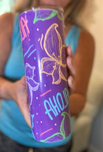 Load image into Gallery viewer, Purple Aloha with flowers 20 oz skinny tumbler or koozie
