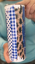 Load image into Gallery viewer, Plaid polka dots sparkles &amp; leopard print 20 oz skinny tumbler or koozie
