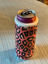 Load image into Gallery viewer, Distressed look Coral leopard print skinny can or bottle koozie or tumbler
