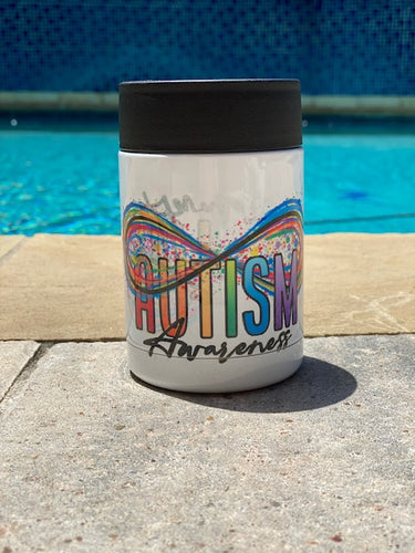 Autism Awareness 12 oz can koozie.  High quality double wall stainless steel to retain cold drinks for up to 6 hours and hot liquids up to 3 hours