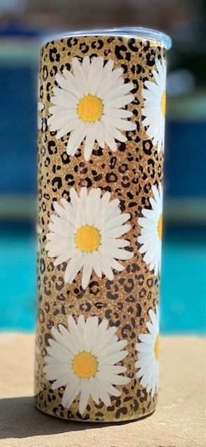 White Daisy with leopard  20 oz skinny tumbler or koozie