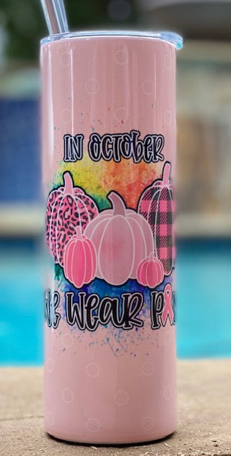 In October we wear Pink tumbler with pumpkins on pinks circle background