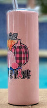 Load image into Gallery viewer, In October we wear Pink tumbler with pumpkins on pinks circle background
